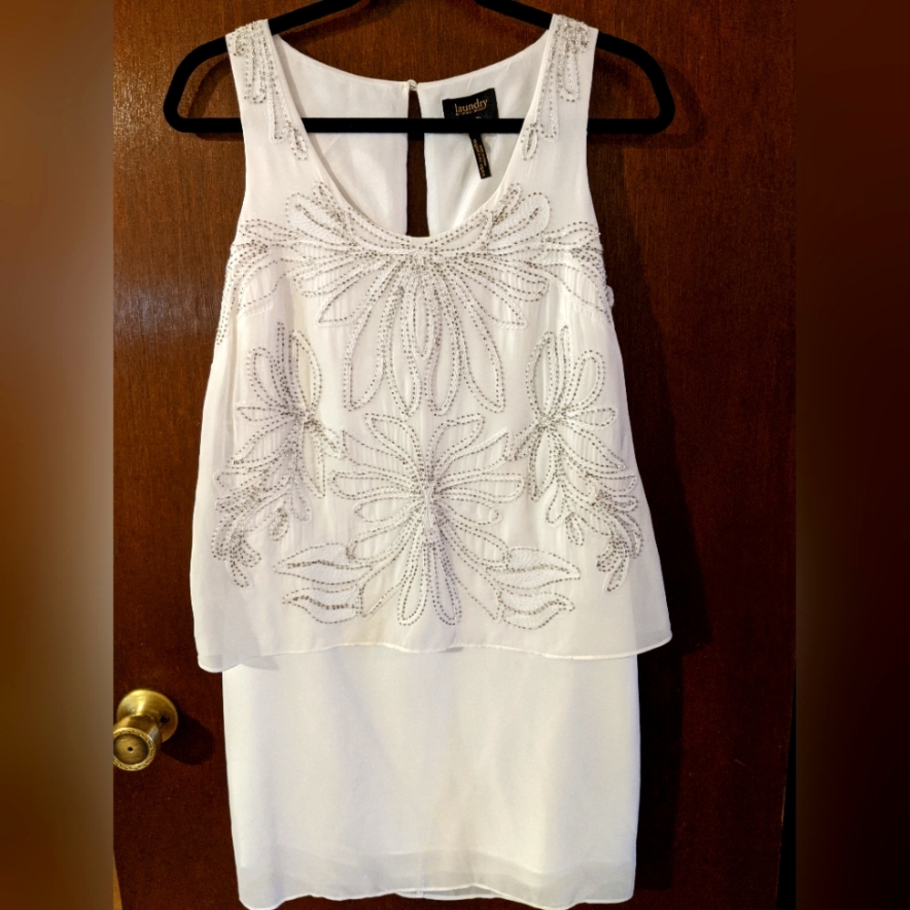 Laundry by Shelli Segal, white dress with beading, size 4
